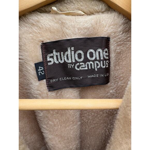 Vintage Overcoat Mens 42 Wide Collar Beige Canvas Fur Lined Studio One 70's Coat - Picture 2 of 5